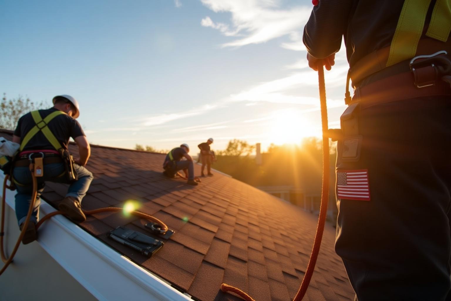 Veterans Choice Exteriors crew installing shingles at sunset