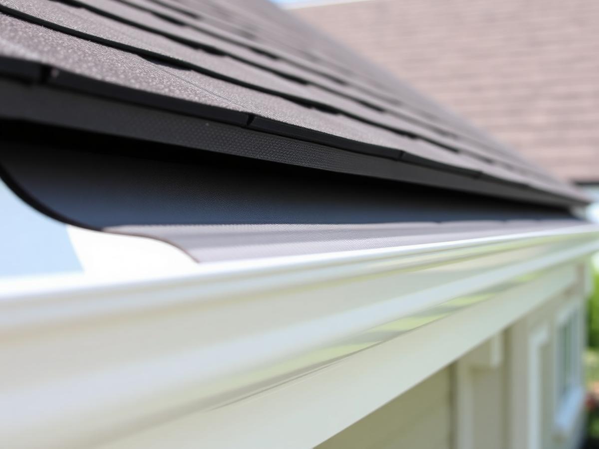 Seamless white aluminum gutters with leaf guard on a roof edge