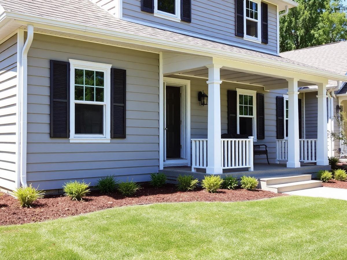 Home with new light gray insulated vinyl siding and white trim