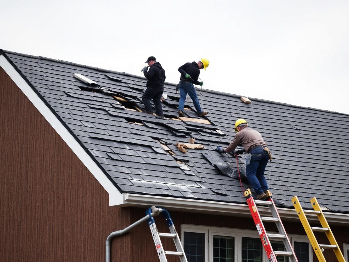 Roofing crew repairing wind-damaged shingles